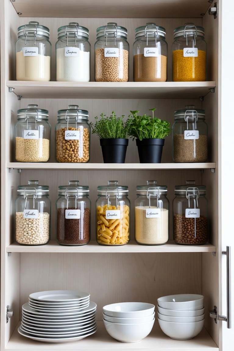 Organized open kitchen shelves with labeled glass jars, stacked white plates, and fresh herbs