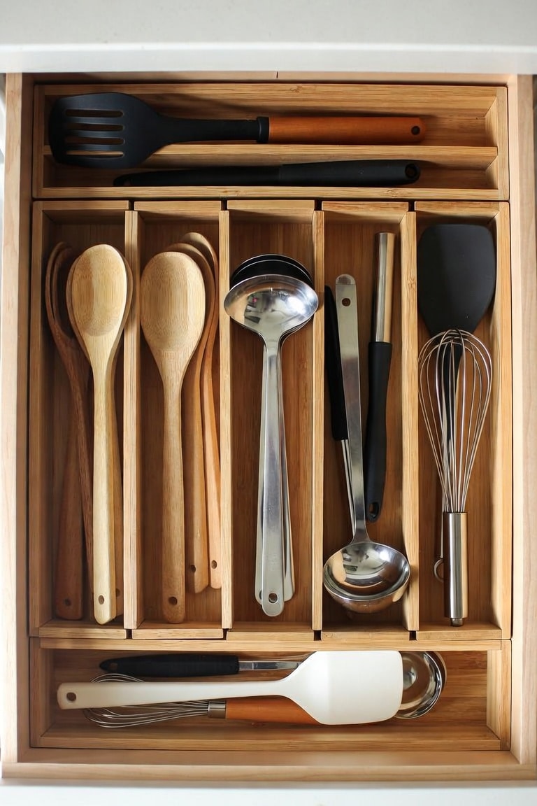 Overhead view of organized kitchen drawer with utensils sorted in bamboo dividers