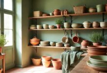 cozy budget kitchen interior with sage green accents terracotta pots and potted herbs styled on open shelves in natural daylight