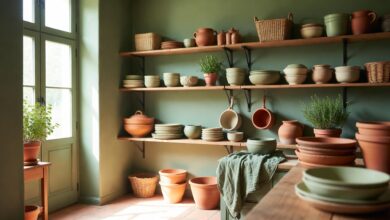 cozy budget kitchen interior with sage green accents terracotta pots and potted herbs styled on open shelves in natural daylight