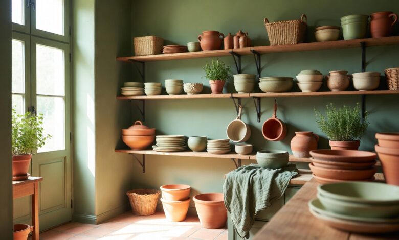 cozy budget kitchen interior with sage green accents terracotta pots and potted herbs styled on open shelves in natural daylight