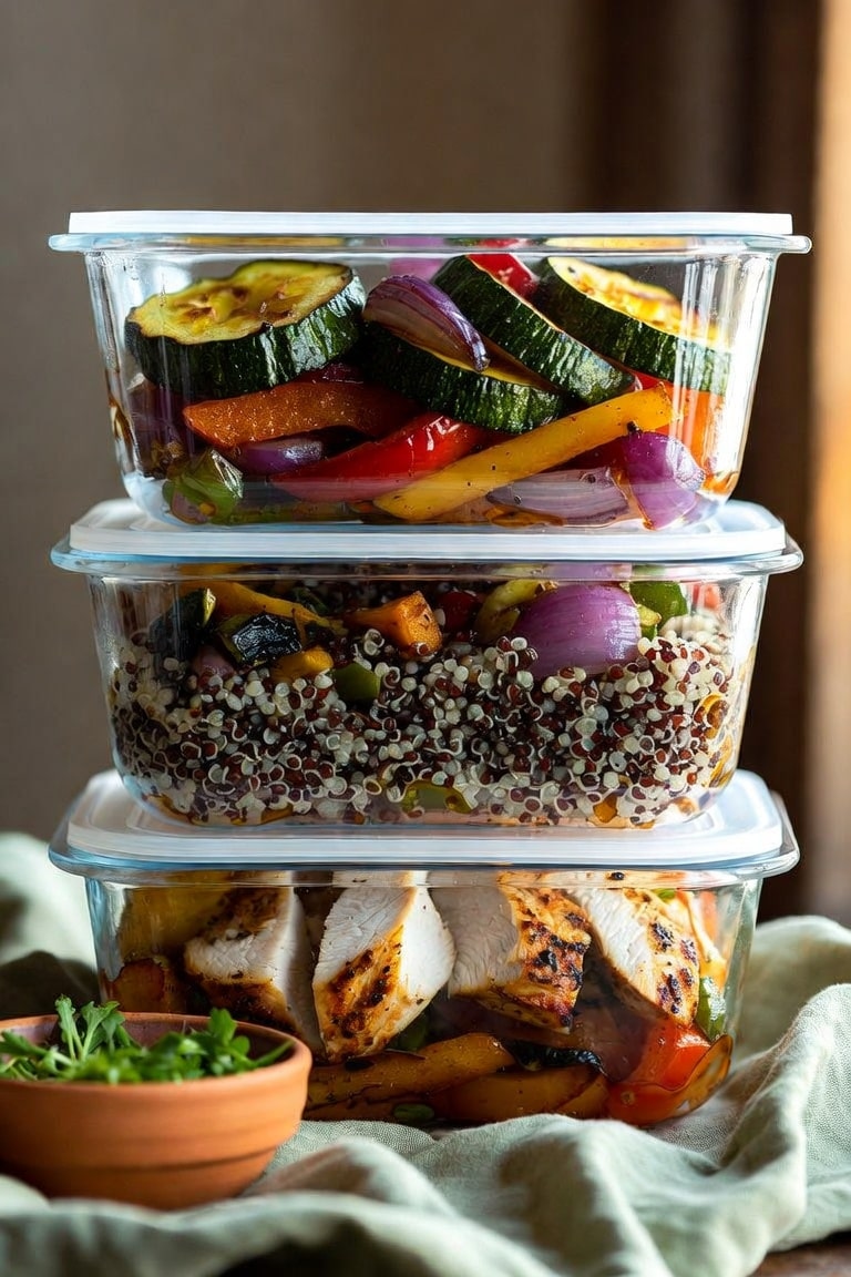 cream-tinted BPA-free plastic meal prep containers with sage green lids stacked neatly with one open showing a colorful chicken and rice bowl inside