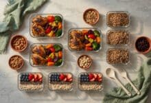 overhead flat lay of weekly meal prep spread with glass containers filled with roasted chicken vegetables quinoa and overnight oats on a marble countertop