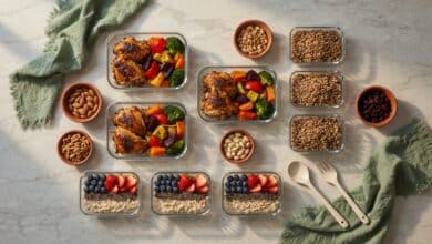 overhead flat lay of weekly meal prep spread with glass containers filled with roasted chicken vegetables quinoa and overnight oats on a marble countertop