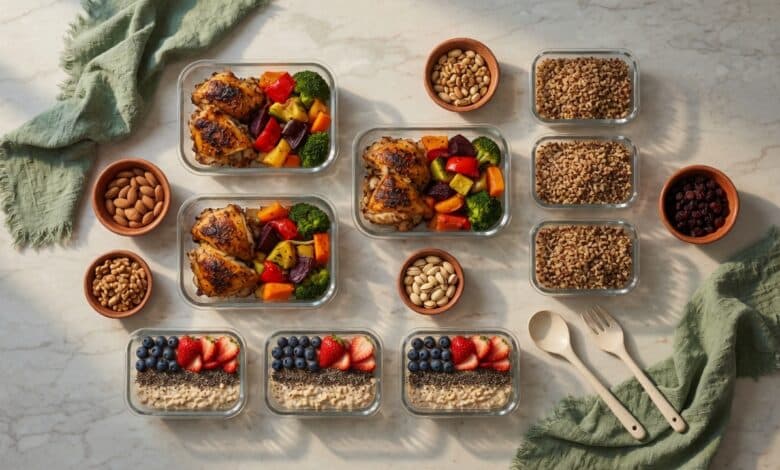 30 Easy Meal Prep Ideas for the Week (Breakfast, Lunch & Dinner) 1 30 Easy Meal Prep Ideas for the Week (Breakfast, Lunch & Dinner) overhead flat lay of weekly meal prep spread with glass containers filled with roasted chicken vegetables quinoa and overnight oats on a marble countertop