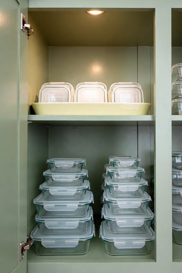 three stacked glass meal prep containers with snap lids filled with roasted vegetables quinoa and grilled chicken visible through clear glass on a sage green surface
