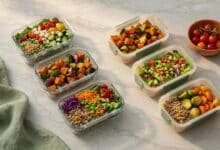 flat lay comparing glass and plastic meal prep containers side by side with layered salads roasted vegetables sage green linen and terracotta bowl on marble surface