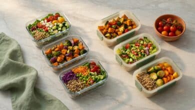 flat lay comparing glass and plastic meal prep containers side by side with layered salads roasted vegetables sage green linen and terracotta bowl on marble surface