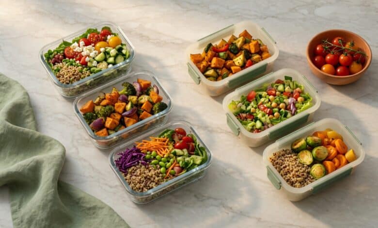 flat lay comparing glass and plastic meal prep containers side by side with layered salads roasted vegetables sage green linen and terracotta bowl on marble surface