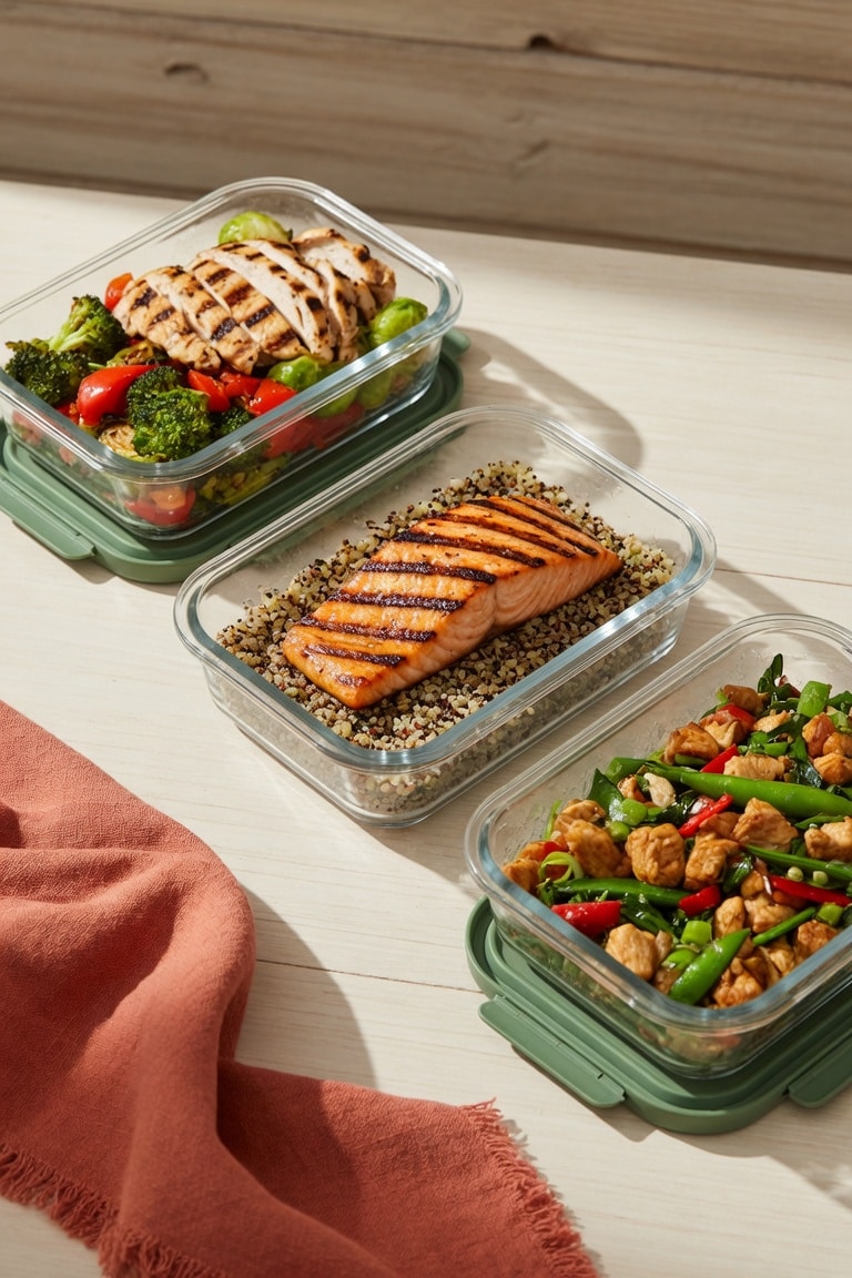 high-protein dinner plate with grilled chicken roasted vegetables and quinoa arranged for a balanced 30-minute weeknight meal