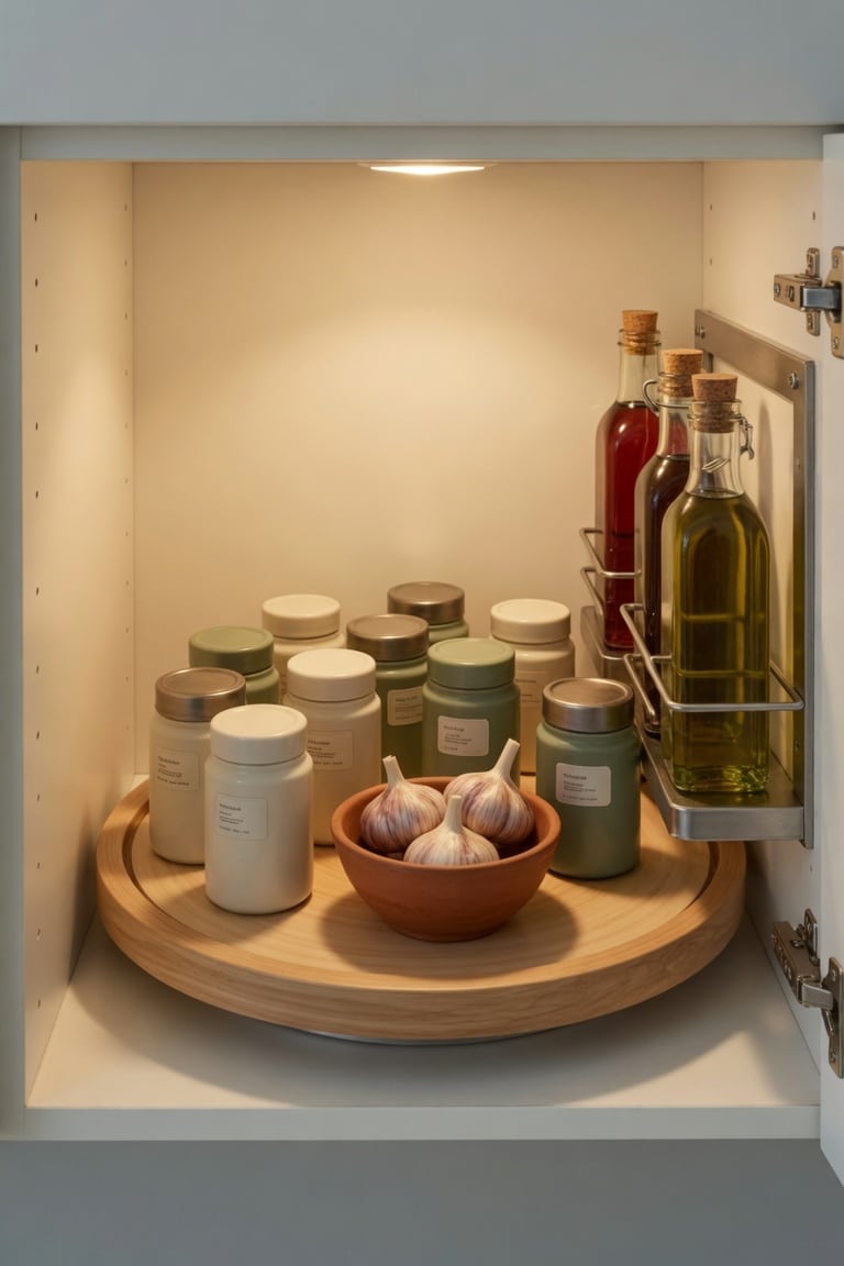 kitchen cabinet interior with lazy susan turntable holding labeled spice jars small terracotta bowl and door-mounted bottle rack