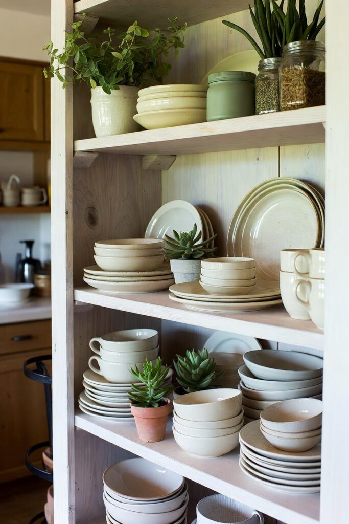 styled open kitchen shelves with white and cream dishware potted succulents wooden accents and sage green jars in warm natural light