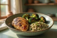grilled chicken breast with roasted vegetables and fresh herbs plated in under 30 minutes for a high-protein weeknight dinner