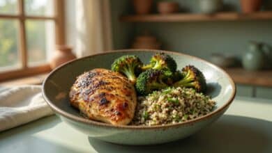 grilled chicken breast with roasted vegetables and fresh herbs plated in under 30 minutes for a high-protein weeknight dinner