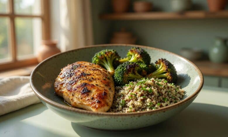 grilled chicken breast with roasted vegetables and fresh herbs plated in under 30 minutes for a high-protein weeknight dinner