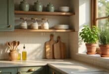 beautifully organized small kitchen with open shelves sage green ceramics labeled jars and minimal counter clutter in natural morning light