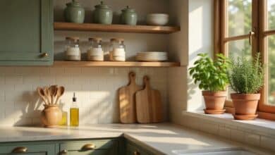 beautifully organized small kitchen with open shelves sage green ceramics labeled jars and minimal counter clutter in natural morning light
