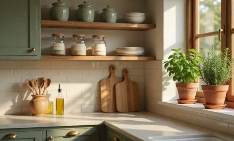 beautifully organized small kitchen with open shelves sage green ceramics labeled jars and minimal counter clutter in natural morning light