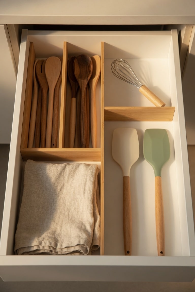 organized kitchen drawer with bamboo dividers neatly sorting wooden utensils cream spatulas and sage green kitchen tools