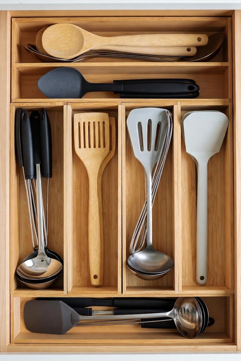 Kitchen stovetop zone with wooden tray holding salt cellar, pepper grinder, and olive oil