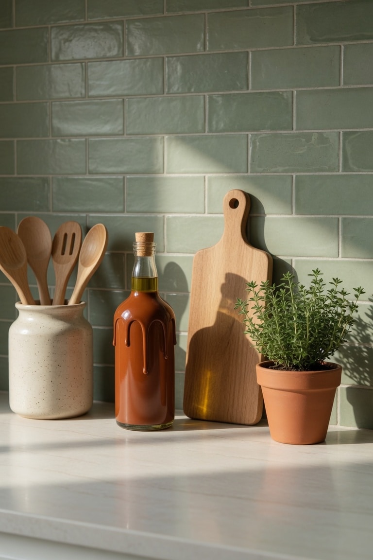 minimal kitchen countertop with cream ceramic utensil crock terracotta olive oil bottle wooden cutting board and small potted herb plant