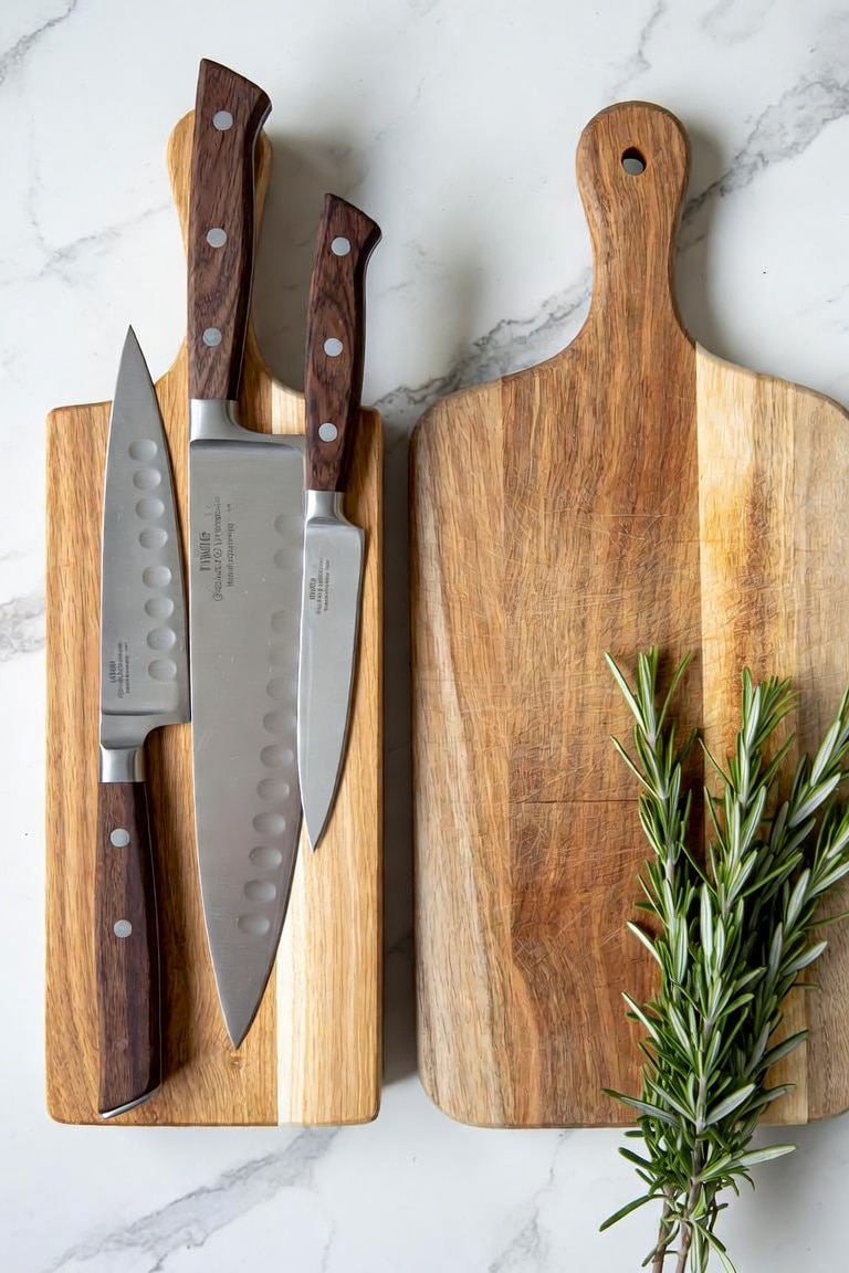 Professional chef knife block and wooden cutting board on clean kitchen counter
