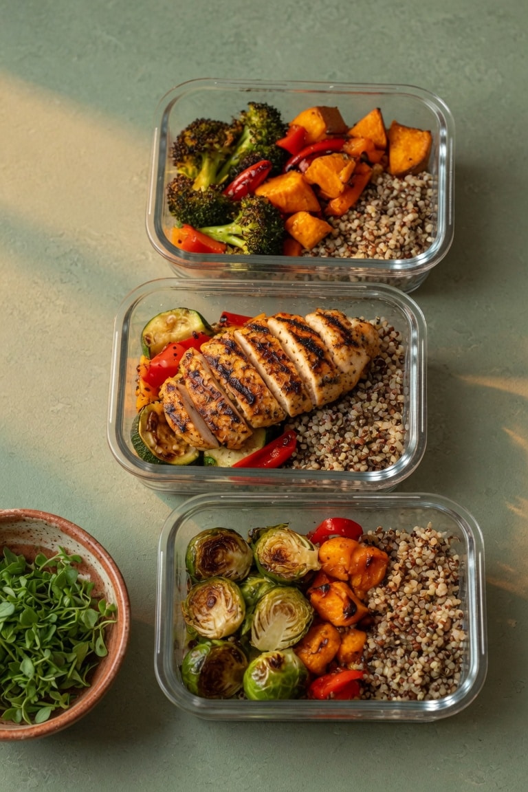 open kitchen cabinet neatly organized with matching glass meal prep containers of various sizes stacked in rows with lids stored in a cream ceramic tray