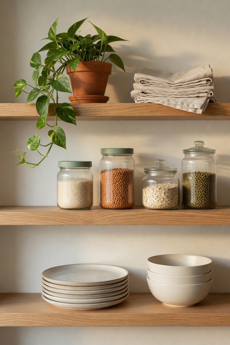 open kitchen shelves with labeled sage green and clear glass jars stacked white plates cream linen napkins and trailing pothos plant