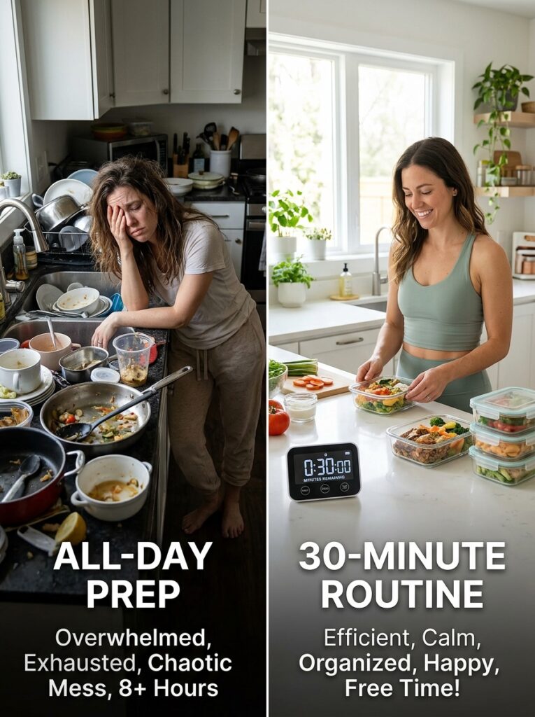 Split image comparing an exhausting all-day prep session to a calm 30-minute routine