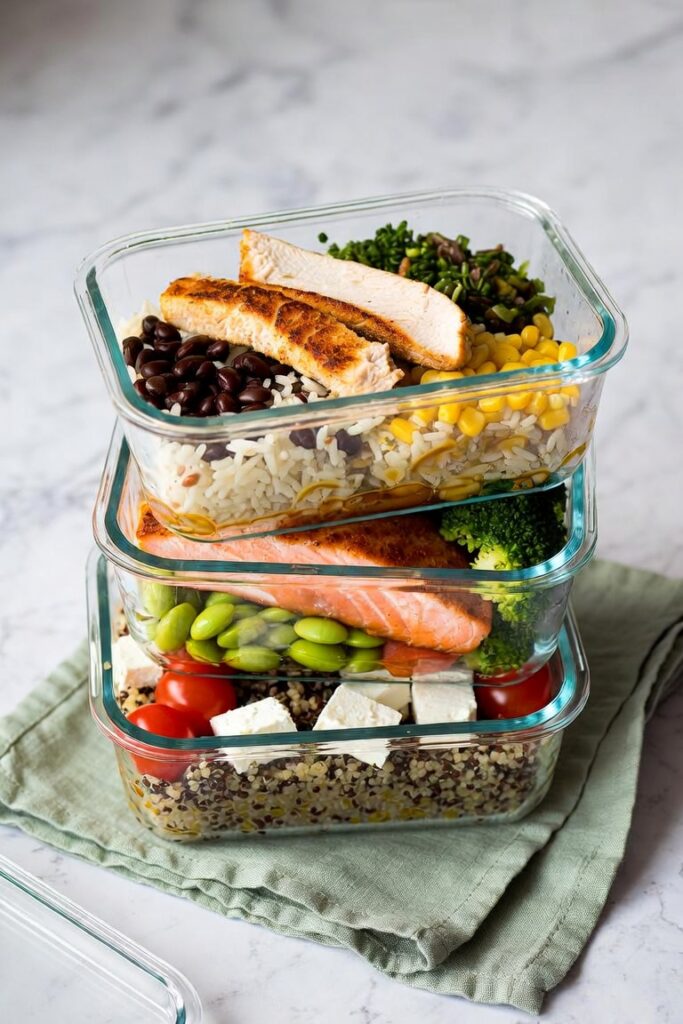 High-Protein Lunch Ideas for Work: 20 Easy Make-Ahead Meals 2 High-Protein Lunch Ideas for Work: 20 Easy Make-Ahead Meals Stacked glass meal-prep containers with make-ahead protein bowls: chicken burrito bowl, teriyaki salmon bowl, and Mediterranean quinoa bowl