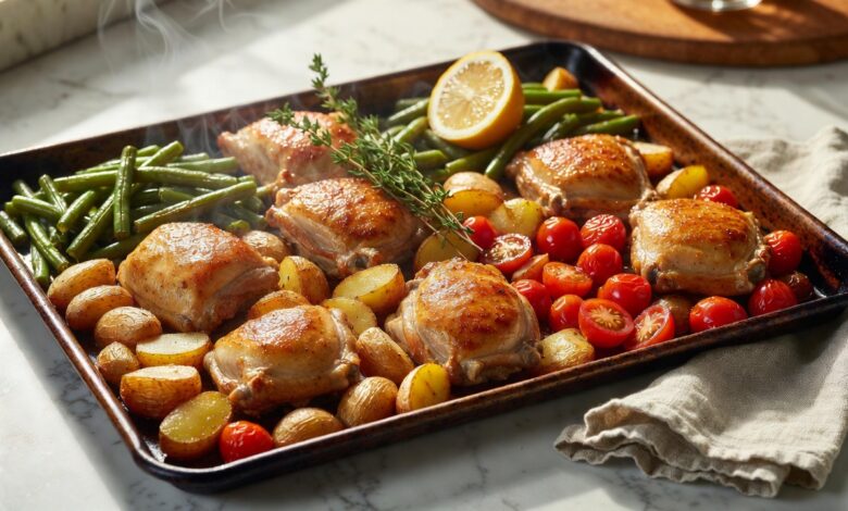 Sheet pan chicken thighs with baby potatoes, green beans, and cherry tomatoes