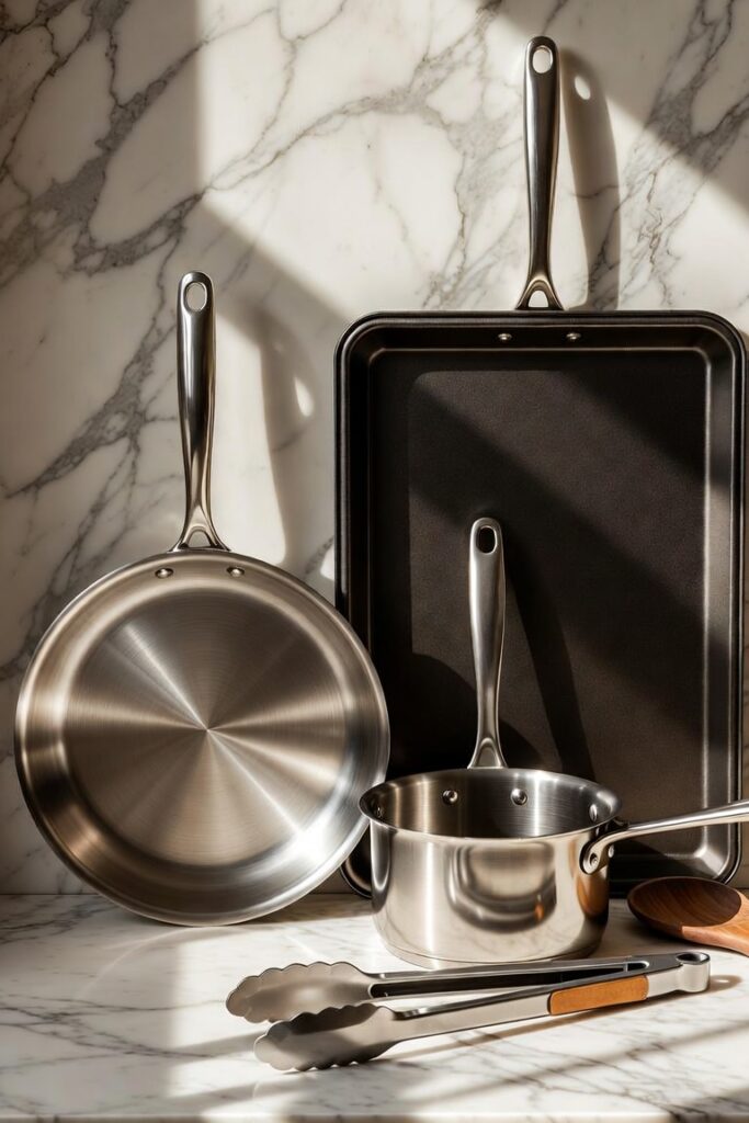 Kitchen Tools Every Home Cook Needs: The Budget-Friendly Starter Kit 3 Kitchen Tools Every Home Cook Needs: The Budget-Friendly Starter Kit Stainless steel skillet, saucepan, and sheet pan with tongs and a wooden spoon on a marble counter