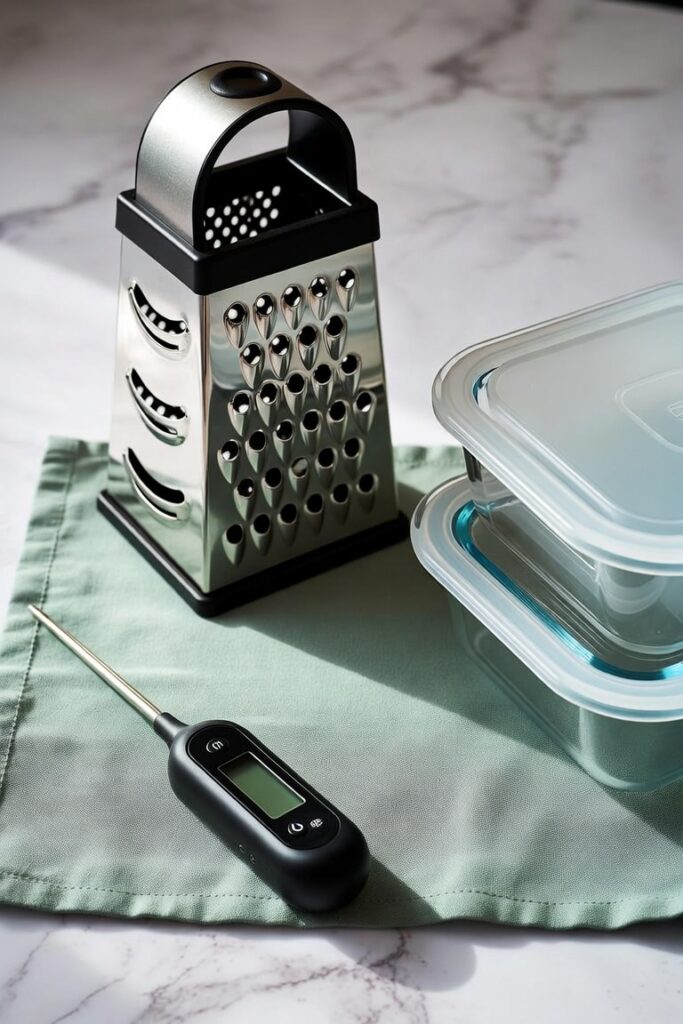 Kitchen Tools Every Home Cook Needs: The Budget-Friendly Starter Kit 4 Kitchen Tools Every Home Cook Needs: The Budget-Friendly Starter Kit Instant-read thermometer, box grater, and glass meal-prep containers on a marble counter