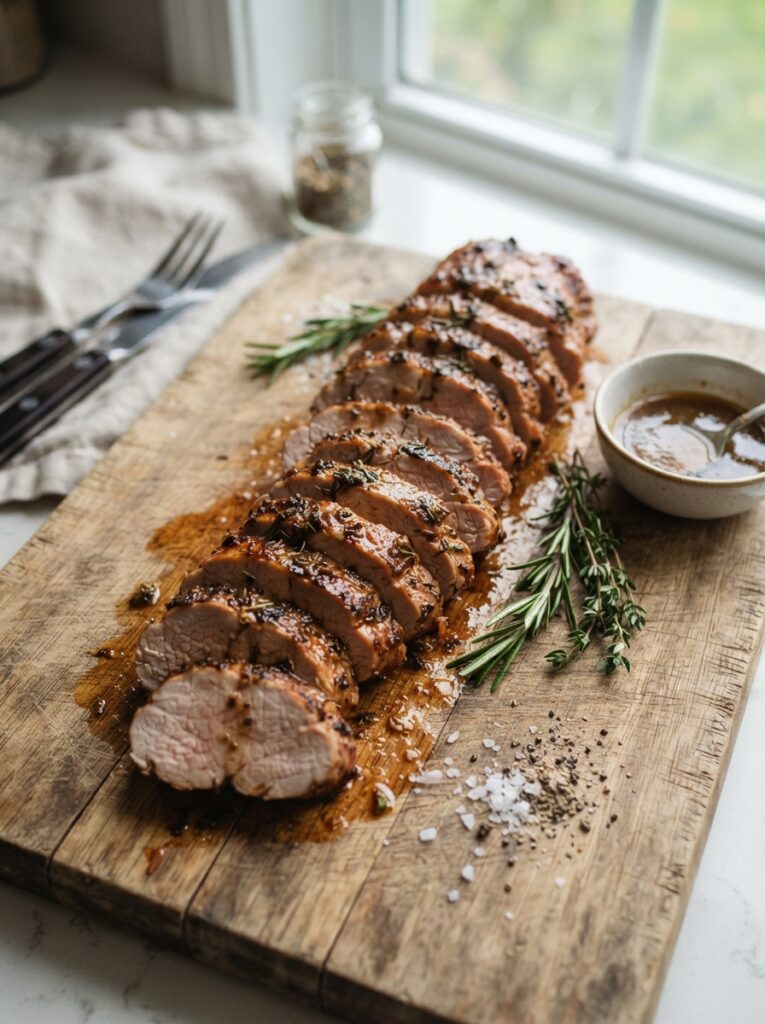 Sliced air fryer pork tenderloin on a cutting board