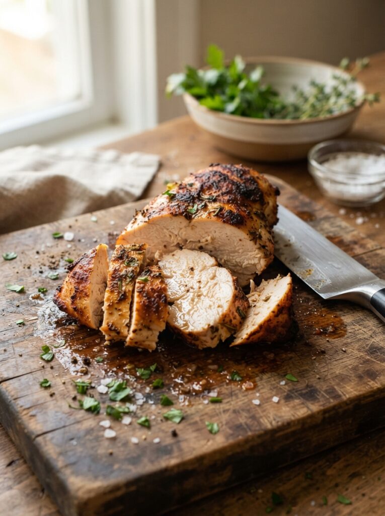 Air fryer chicken breast sliced open showing juicy interior
