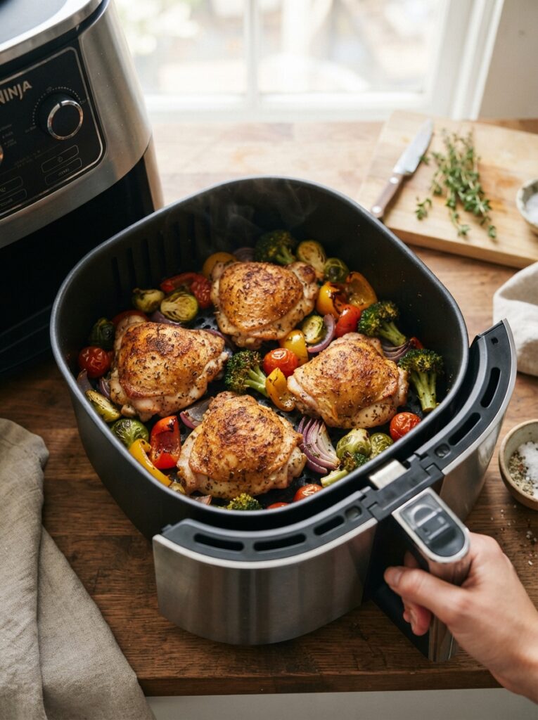 Air fryer chicken thighs with roasted vegetables in the basket