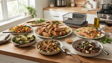 Appetizing spread of air fryer dinner dishes including chicken, salmon, and steak bites