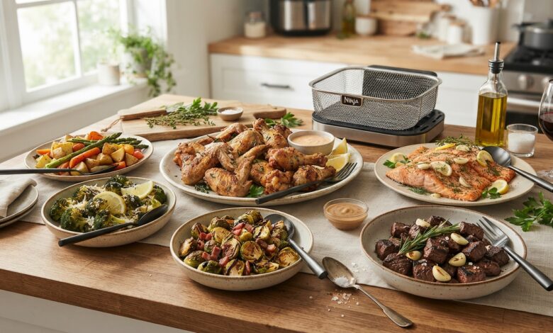 Appetizing spread of air fryer dinner dishes including chicken, salmon, and steak bites