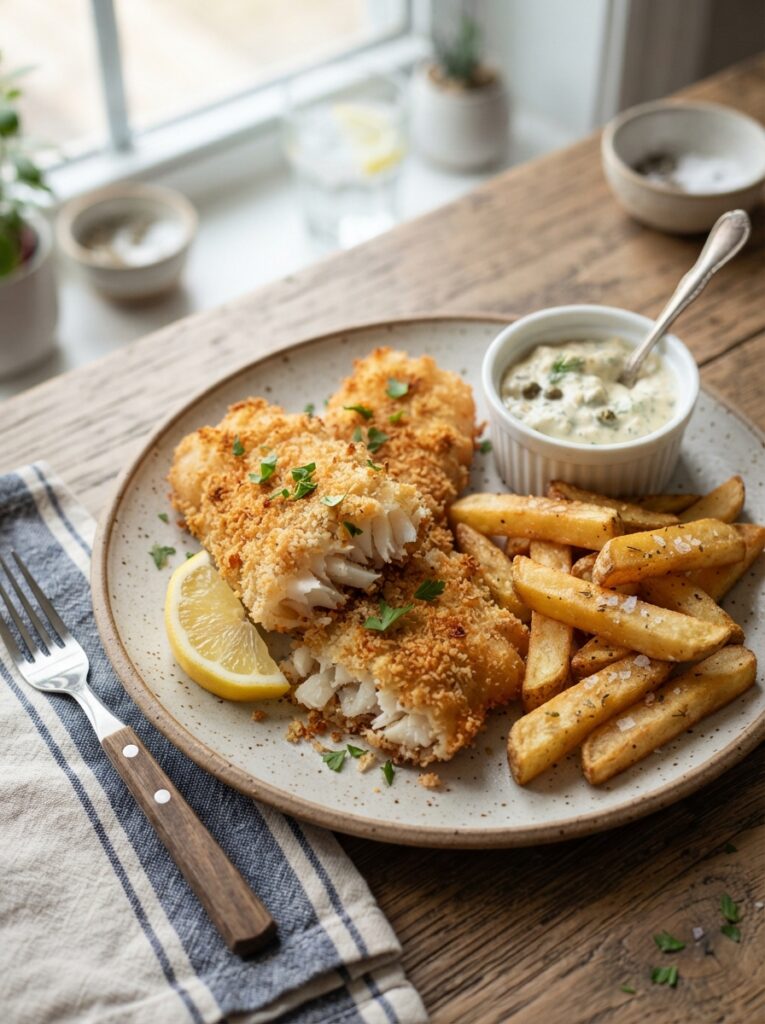 Air fryer fish and chips on a plate with tartar sauce