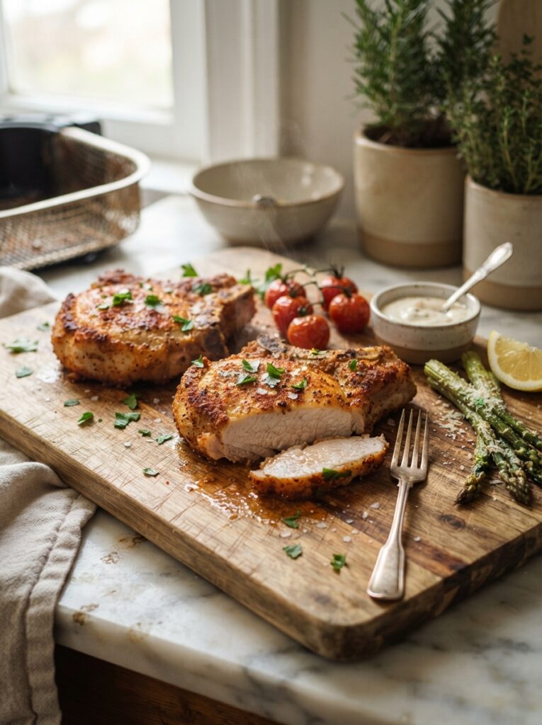 Air fryer pork chops golden brown on a cutting board