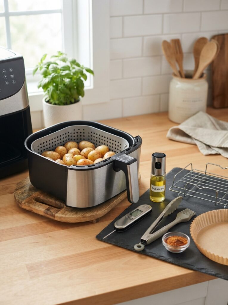 Clean air fryer basket and accessories on a kitchen counter
