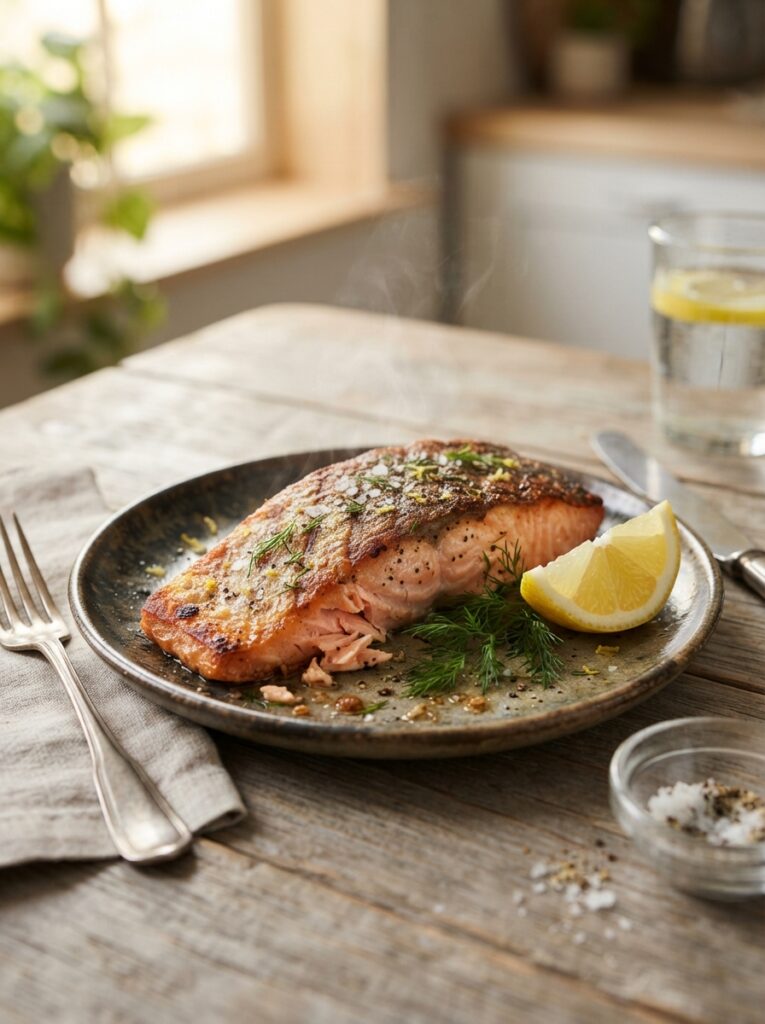 Air fryer salmon fillet with crispy skin on a plate