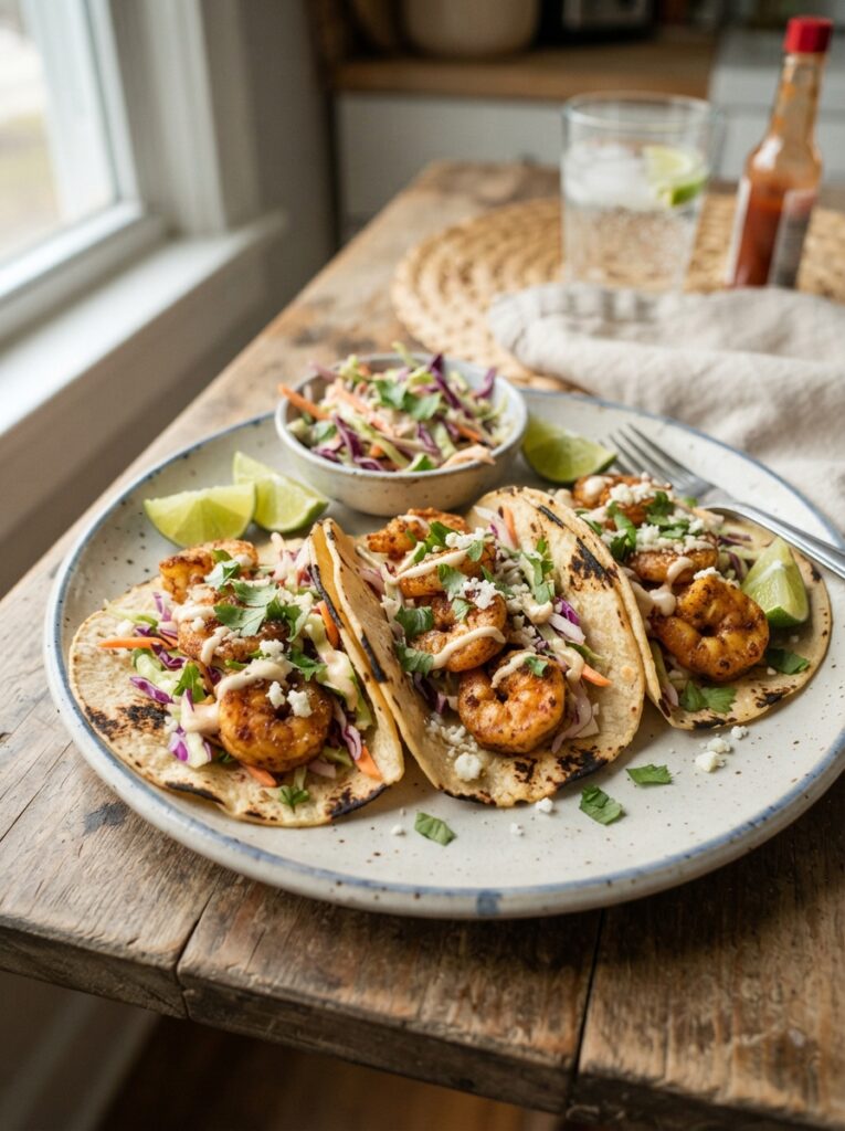 Air fryer shrimp tacos with slaw on corn tortillas