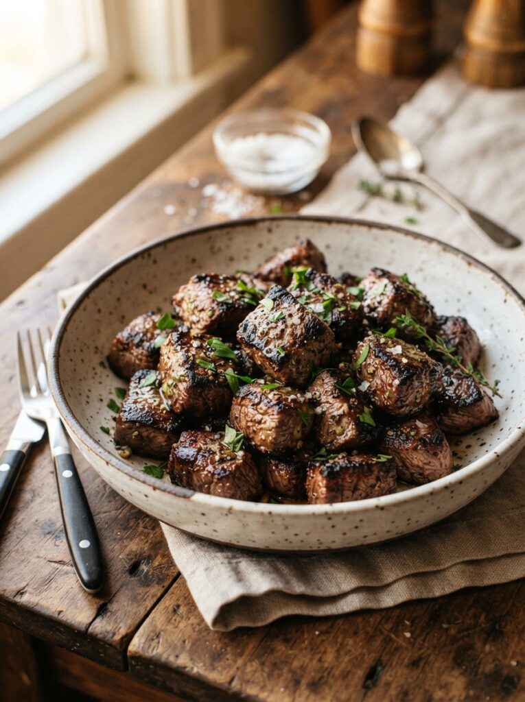 Air fryer steak bites seared and seasoned in a bowl
