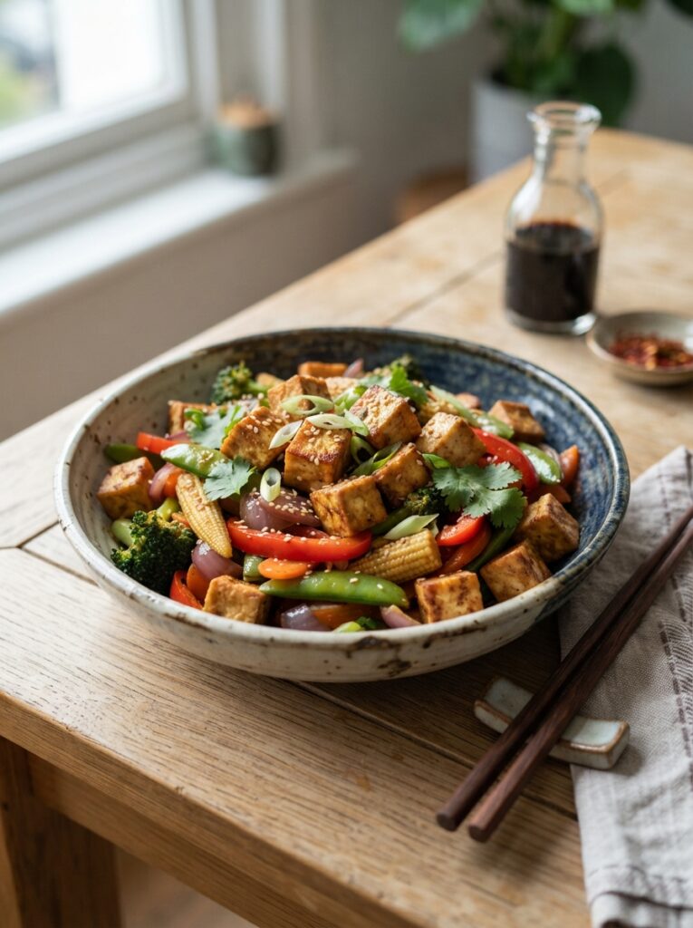 Air fryer crispy tofu stir-fry with vegetables