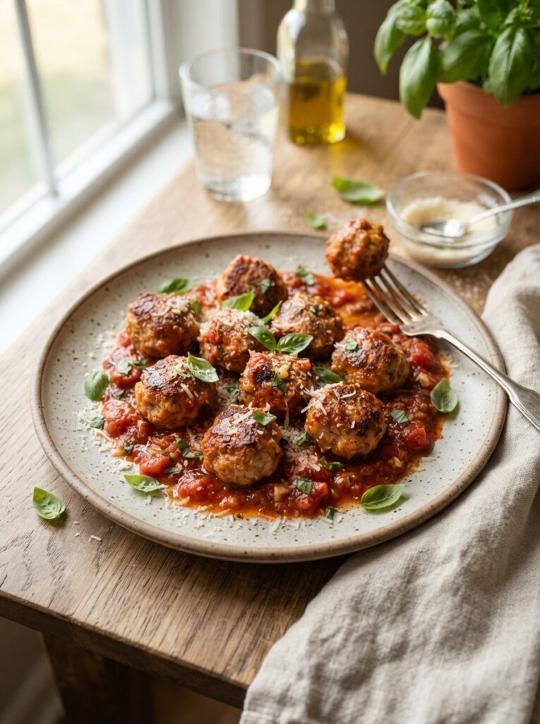 Air fryer turkey meatballs on a plate with marinara sauce