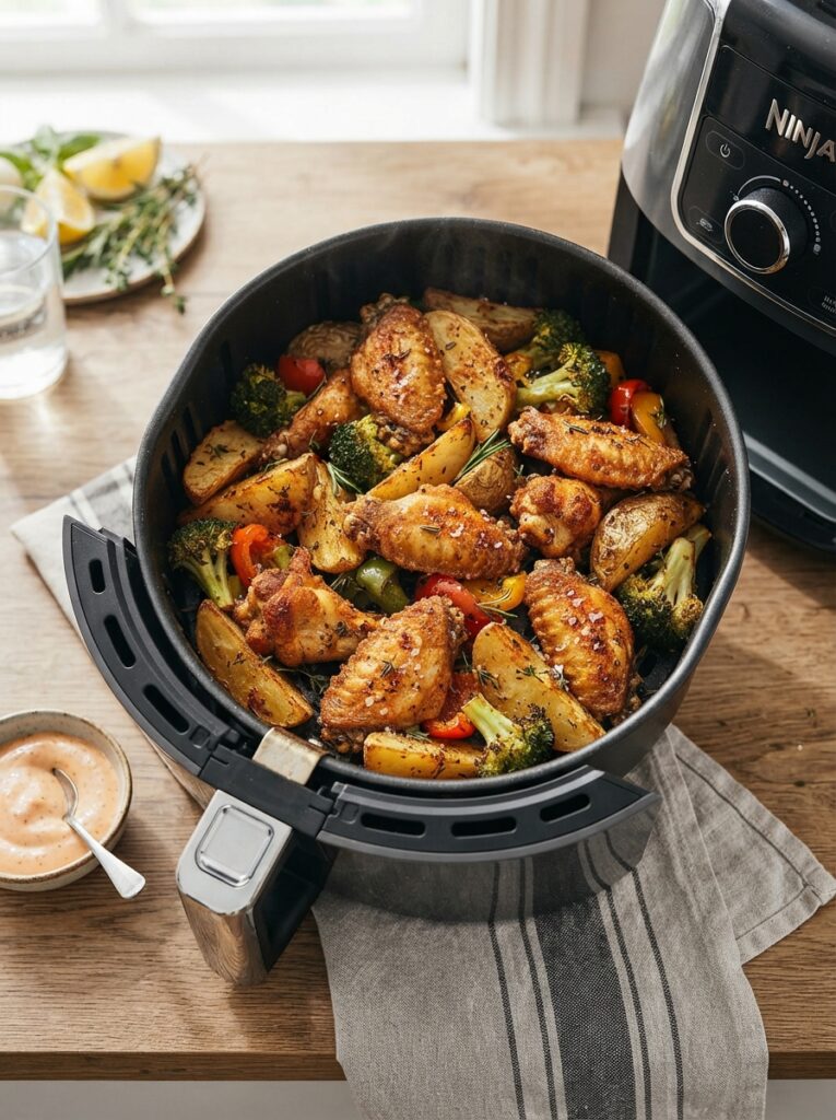 Air fryer basket filled with golden, crispy cooked food