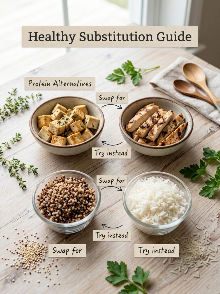 Flat lay of alternative ingredient swaps like tofu and quinoa