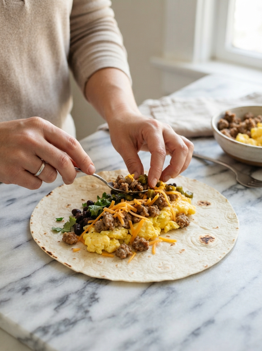 Make-Ahead Freezer Breakfast Burritos 5 Make-Ahead Freezer Breakfast Burritos Close-up of hands filling an open tortilla with eggs, cheese, and sausage