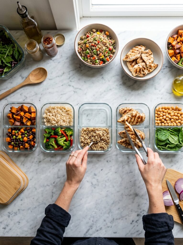 Five glass containers being filled assembly-line style with portioned food